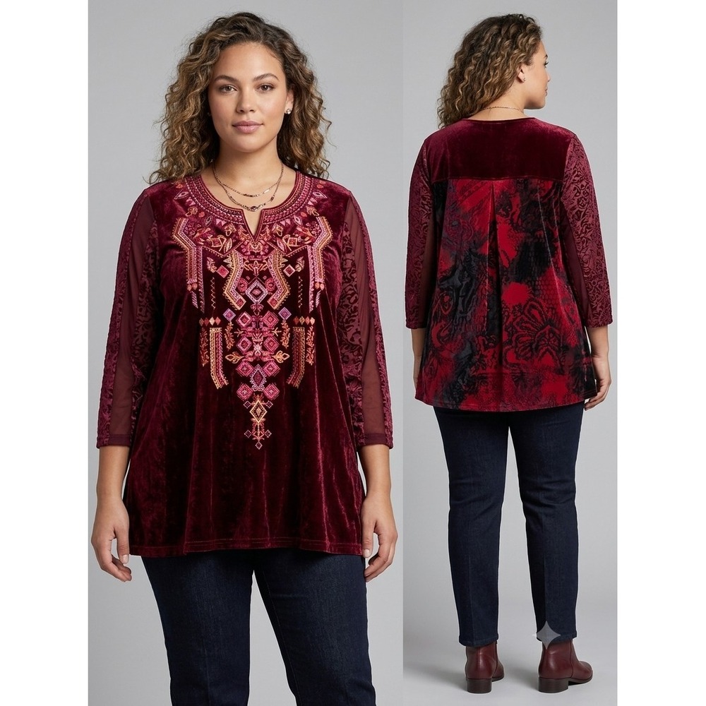 Calessa Top Patchwork Red Velvet Burn-out Embroidered Pullover  Fairy Women's PL